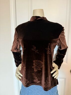 Jaipur Y2K Velvet Floral Print Brown Mock Neck Long Sleeve Blouse